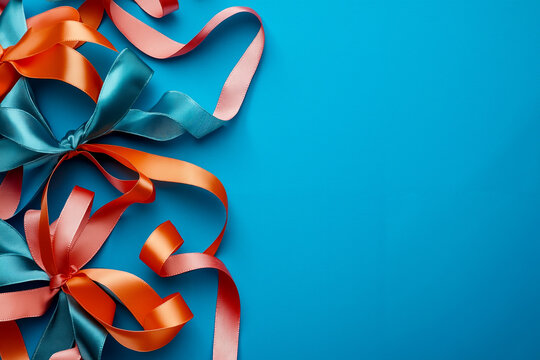 A bunch of colorful ribbons on a blue background
