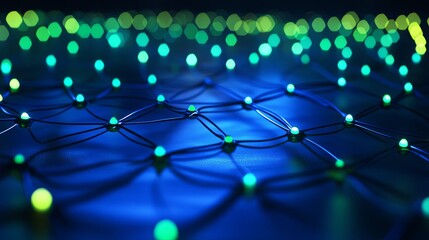 Abstract futuristic network grid with glowing blue and green nodes digital