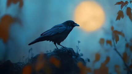 Fototapeta premium Majestic raven perched on a rugged rock under the full moon, its dark feathers glowing against the misty twilight. Ideal for fantasy themes, mystical storytelling, and nature photography