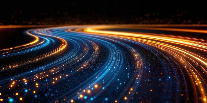 A swirling, colorful line of lights that appears to be in motion. The colors are blue and orange. Concept of technology and connectivity.