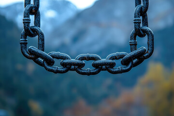 A close-up of a dark, strong metal chain against a blurred mountain backdrop.