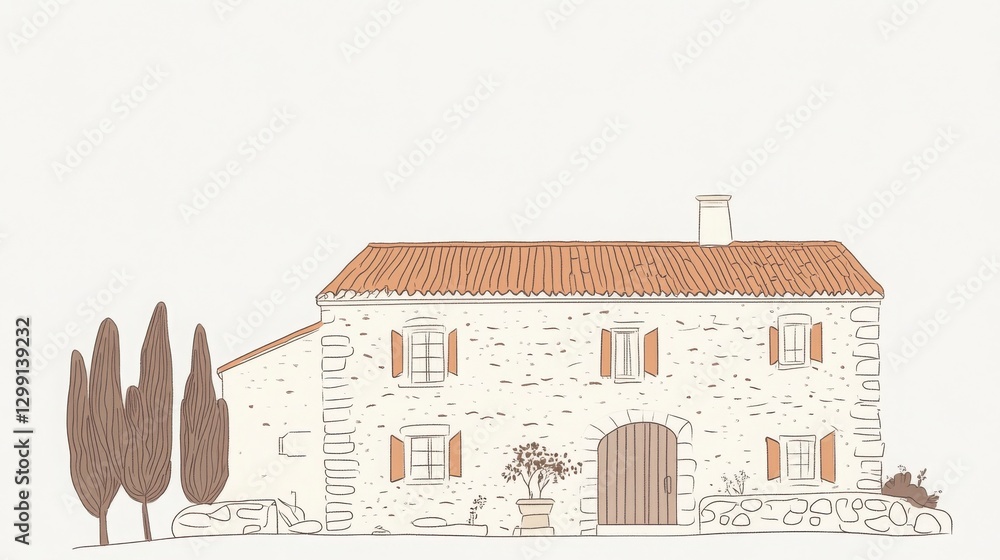 Aufkleber rustic farmhouse with cypress trees under a clear sky by an artist with a clear view of the exterior