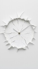 Obraz premium Cracked Wall Clock Time Concept White Background Conceptual Modern Design Surreal Abstract Minimalist
