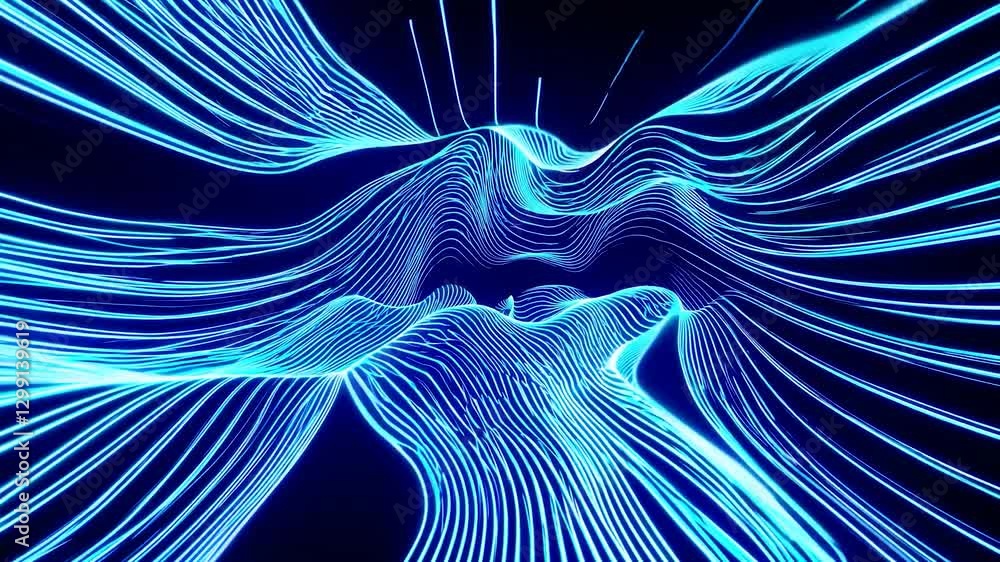 Poster bright blue neon lines creating a futuristic wavy landscape, producing a mesmerizing and dynamic vis