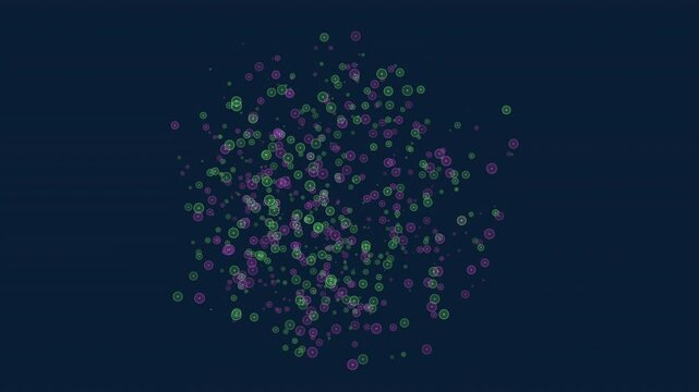 An abstract image featuring purple and green dots arranged in a circular pattern with some overlapping. The purpose or meaning of this image is unclear without additional information