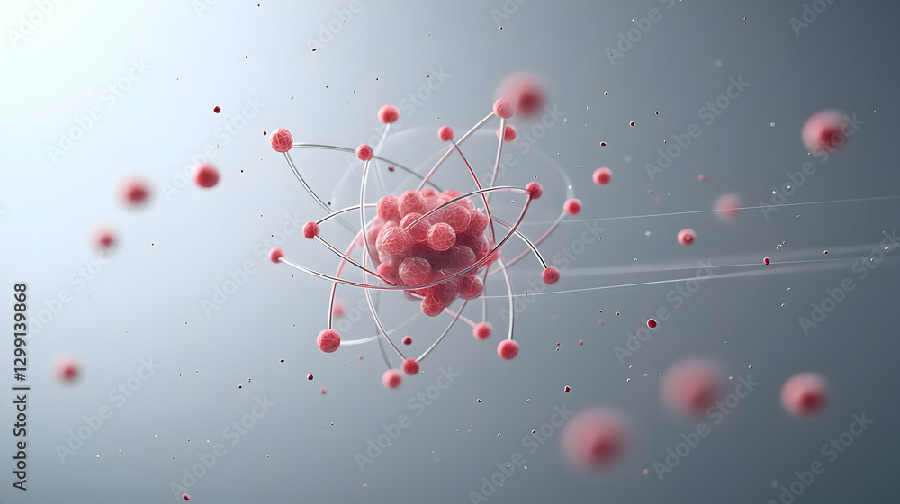 Poster abstract molecular structure with red spheres connected by white lines on gray background