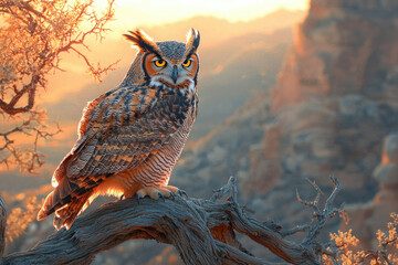 Majestic great horned owl perched on a branch at sunset, showcasing its intricate plumage and captivating gaze.