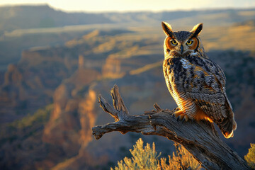 Majestic great horned owl perched on a weathered branch, overlooking a breathtaking canyon landscape at sunset.