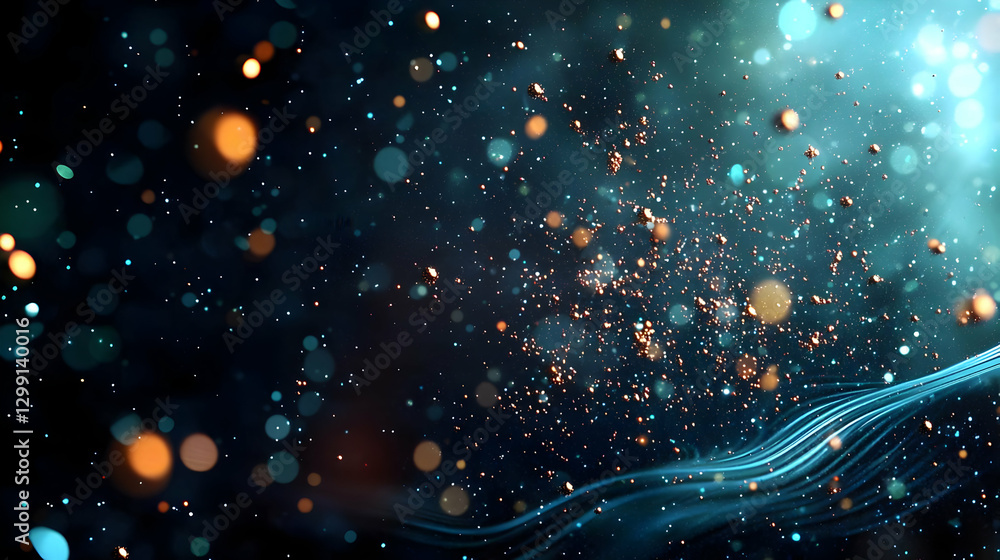 Aufkleber abstract blue particle bokeh light with orange glowing effect and dark background