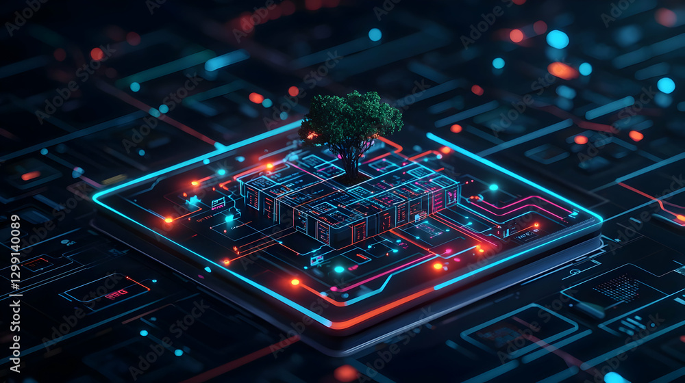Poster digital circuit board with pixelated blue and red lights surrounding a green tree representing techn