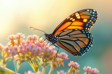 Fototapeta premium A monarch butterfly with vibrant orange wings delicately feeding on soft pink flowers at golden hour.
