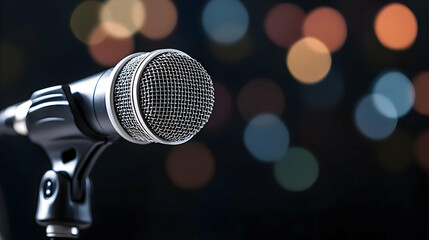 Close Up Of A Silver Microphone On Black Stand With Blurred Bokeh Background