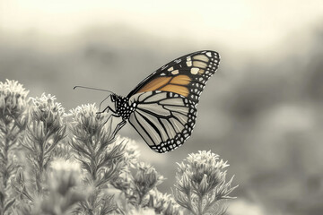 Obraz premium A monarch butterfly rests on a grayscale flower, showcasing its vibrant orange and black wings against a muted background.