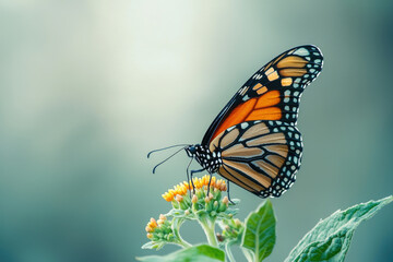 Fototapeta premium A monarch butterfly delicately perched on vibrant yellow flowers, showcasing its striking orange and black wings.