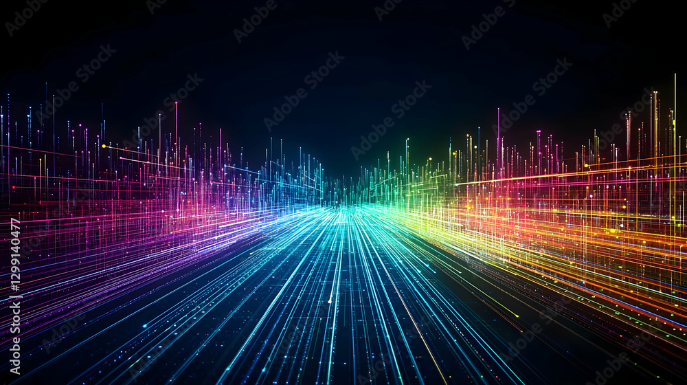 Poster colorful abstract digital data stream lines on a dark background representing technology