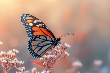 Obraz premium A monarch butterfly with vibrant orange wings delicately rests on a cluster of small white flowers at sunset.
