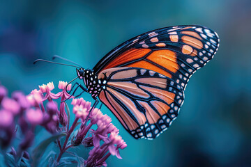 A monarch butterfly with vibrant orange and black wings delicately perched on a cluster of purple flowers.