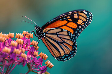 Fototapeta premium A monarch butterfly with vibrant orange and black wings delicately feeding on a cluster of purple and orange flowers.