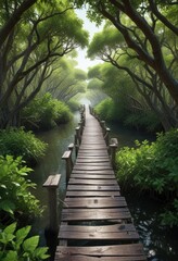 Wooden trail winding through lush mangrove forest, foliage, peaceful retreat, exploration
