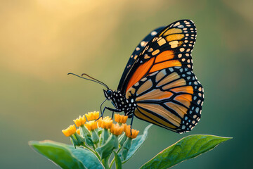 Obraz premium A Monarch butterfly with vibrant orange and black wings delicately perched on yellow flowers.