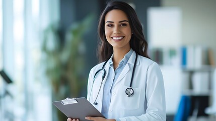 Confident female doctor smiling, holding a clipboard in a modern clinic.  She's wearing a white coat and stethoscope.