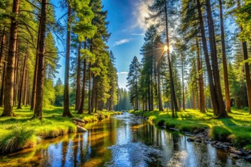 Obraz premium Woodland Forest with Tall Trees and a Shining Stream Running Through it Under a Clear Blue Sky, woodland forest, greenery, clear blue sky, forest landscape, outdoor setting