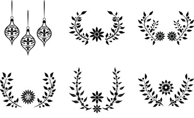Elegant Black and White Floral Vector Ornaments: Decorative Wreaths, Hanging Baubles, Botanical Design Elements for Graphic Design