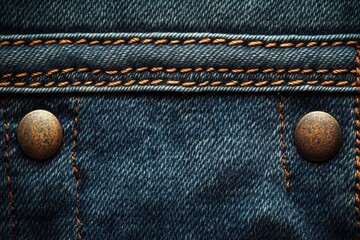 Denim fabric close-up featuring buttons and detailed stitching embellishments with a textured surface