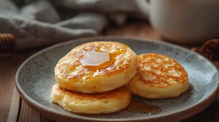 Stack of syrniki drizzled with honey, golden brown and delicious. Traditional Slavic breakfast dish.