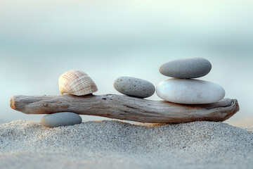 Seashell and stones balanced on driftwood, serene beach scene.