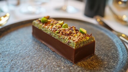 Dubai chocolate bar with pistachio spread and crispy green kadayif, garnished with whole pistachios. 