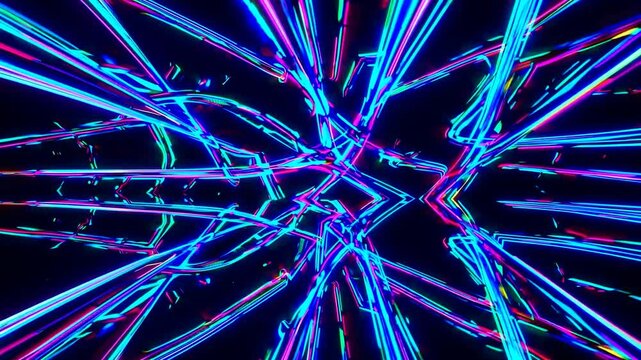 Glowing neon lights in vibrant hues of pink, blue, and green intersect and overlap, creating a dynamic tunnel effect against a dark backdrop, evoking a futuristic and energetic atmosphere
