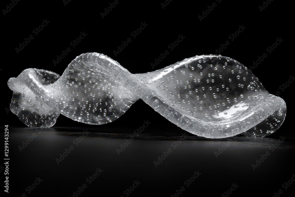 Poster Sculpture of a translucent twisted form with bubbles illuminated against a dark background