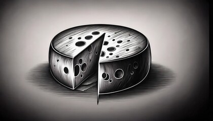 Elegant pencil drawing of a cheese wheel with a simple firefly logo in a minimalist style