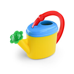 Yellow plastic watering can on a white background.