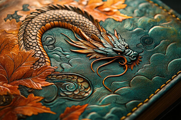 Fototapeta premium Intricate leather carving depicts a dragon amidst autumn leaves and clouds, showcasing exceptional craftsmanship.
