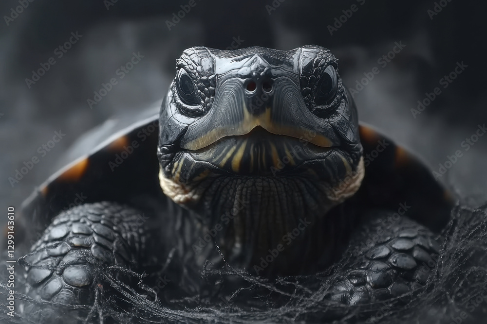 Poster turtle resting on dark textured surface with mist surrounding it in a close-up view
