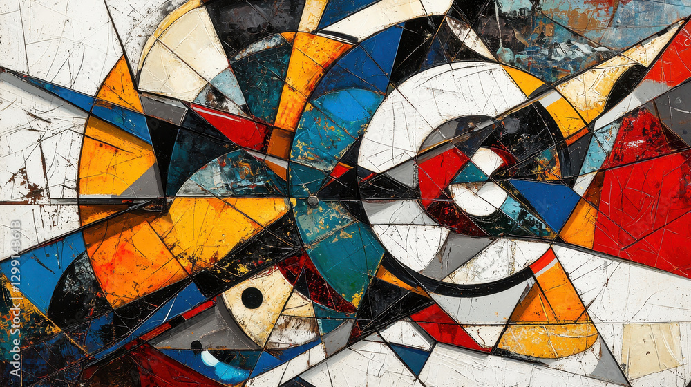 Poster dynamic composition of swirling abstract shapes and vibrant colors unfolds a chaotic beauty filled w