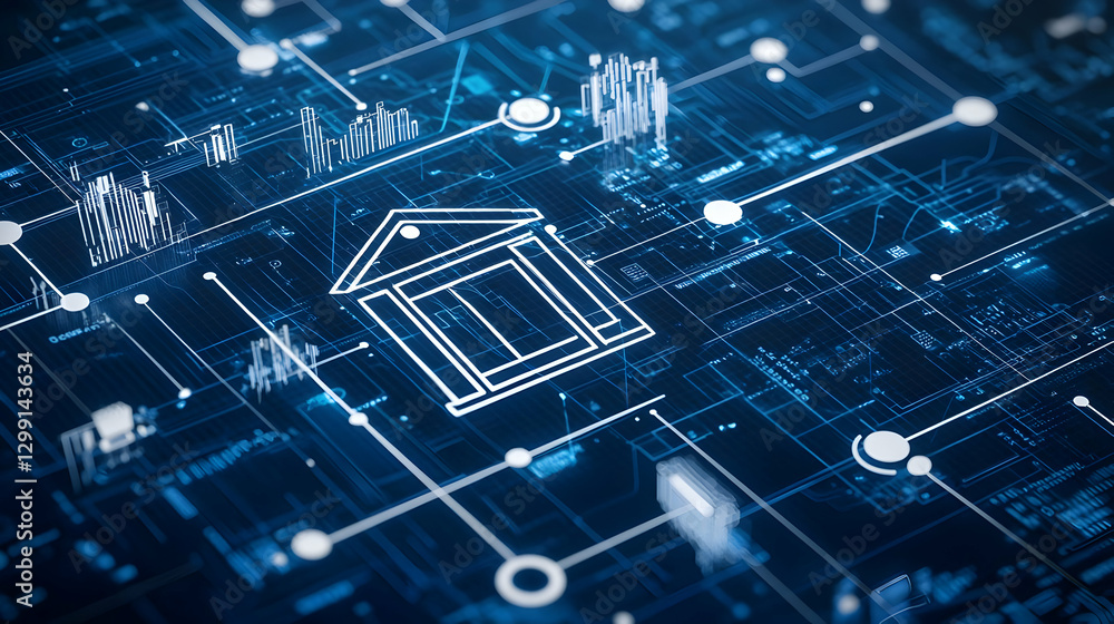 Poster digital circuitry illustrating bank structure with lines and points in blue