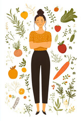 A woman standing in front of a circle of fruits and vegetables