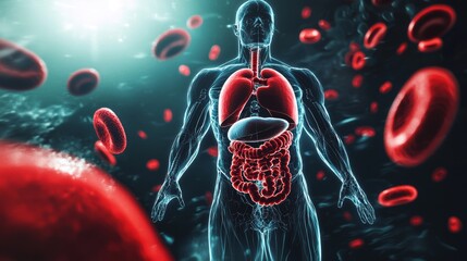 Futuristic Medical Illustration of Human Anatomy Highlighting Internal Organs and Blood Flow