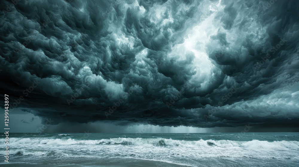 Poster powerful storm unleashes chaos on tranquil beach with dark clouds and crashing waves at twilight
