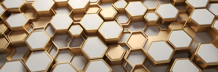 Honeycomb Pattern: A captivating geometric design showcasing a repeating pattern of gold and white hexagonal shapes, creating a sense of luxury and modern aesthetics.