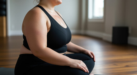 Plus size woman practicing mindfulness and meditation in a serene indoor yoga studio setting during the daytime