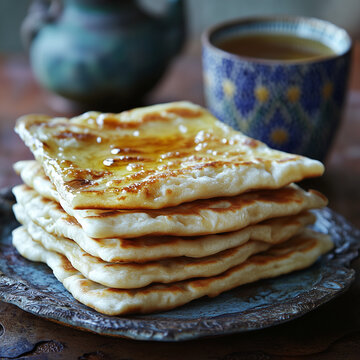 Moroccan msemen flatbread with honey and mint on a decorative plate