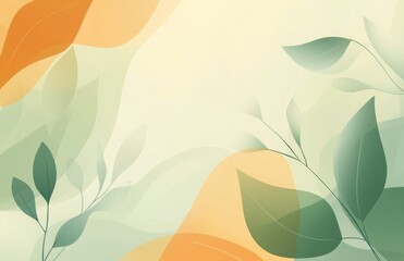 Naklejka premium Abstract background with botanical elements, featuring translucent leaves and organic shapes in soft green and orange tones, for graphic design, web templates, and creative projects to evoke freshness