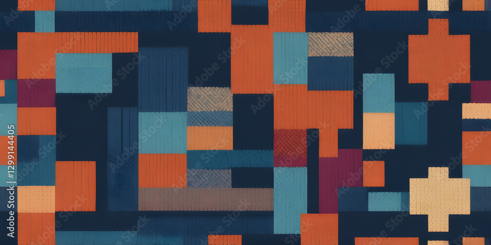 Poster geometric harmony: an abstract composition of colorful squares, rectangles, and pixelated shapes in 