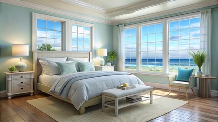 A beach-inspired elderly bedroom with light blue walls, soft white bedding, and a gentle ocean breeze coming through the window