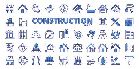 Constructions icons in line design blue, part2. Construction, building, architecture, engineering, contractor, site, infrastructure on white background vector. Constructions editable stroke icons
