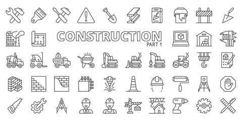 Constructions icons in line design, part 1. Construction, building, architecture, engineering, contractor, site, infrastructure on white background vector. Constructions editable stroke icons